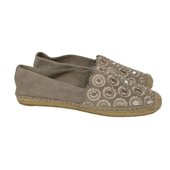 Tory Burch Yasmin Taupe Reflective Mirror Espadrille Flats - Picture 1 of 12